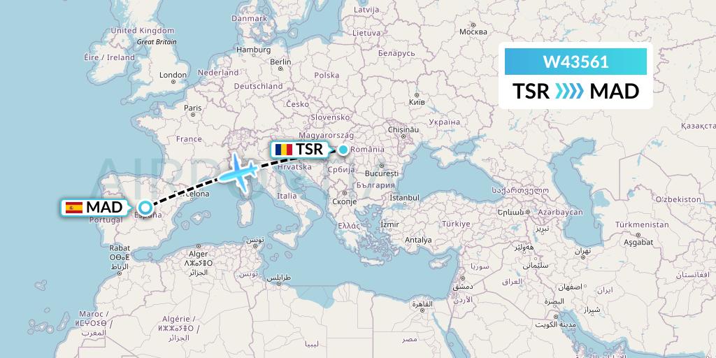 W43561 Wizz Air Malta Flight Map: Timisoara to Madrid