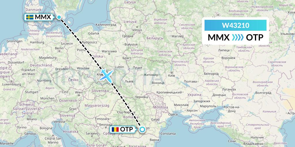 W43210 Wizz Air Malta Flight Map: Malmo to Bucharest