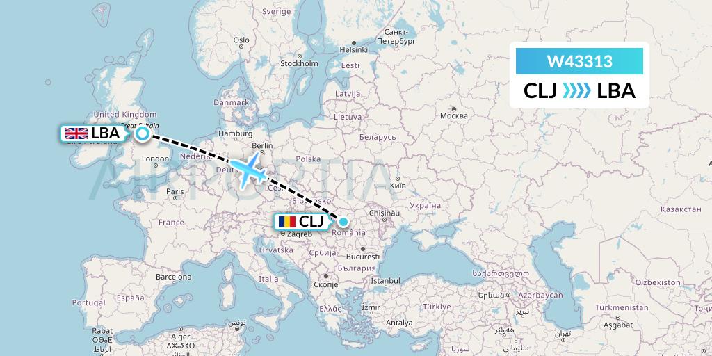 W43313 Wizz Air Malta Flight Map: Cluj-Napoca to Leeds