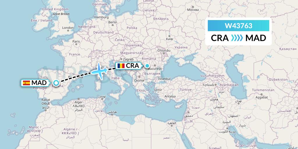 W43763 Wizz Air Malta Flight Map: Craiova to Madrid