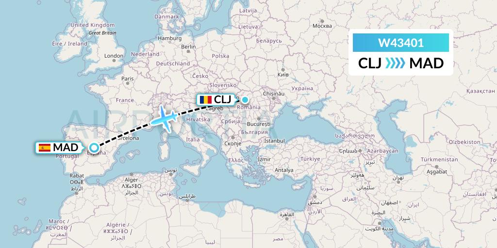 W43401 Wizz Air Malta Flight Map: Cluj-Napoca to Madrid