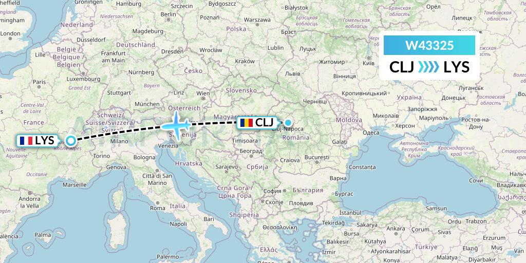 W43325 Wizz Air Malta Flight Map: Cluj-Napoca to Lyon