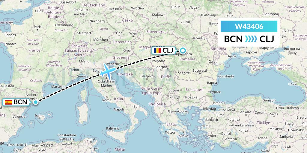 W43406 Wizz Air Malta Flight Map: Barcelona to Cluj-Napoca