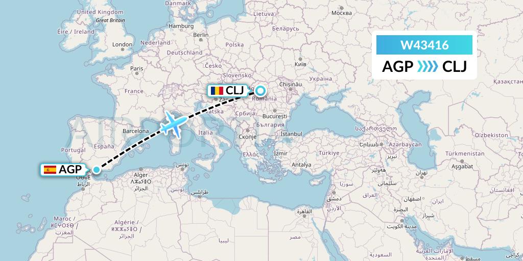 W43416 Wizz Air Malta Flight Map: Malaga to Cluj-Napoca