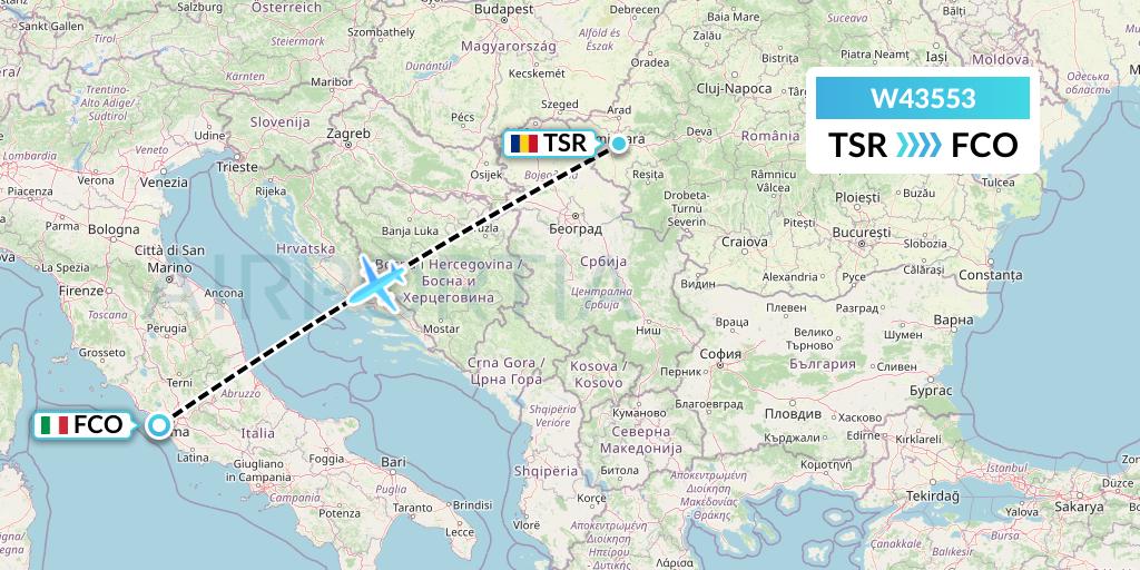 W43553 Wizz Air Malta Flight Map: Timisoara to Rome