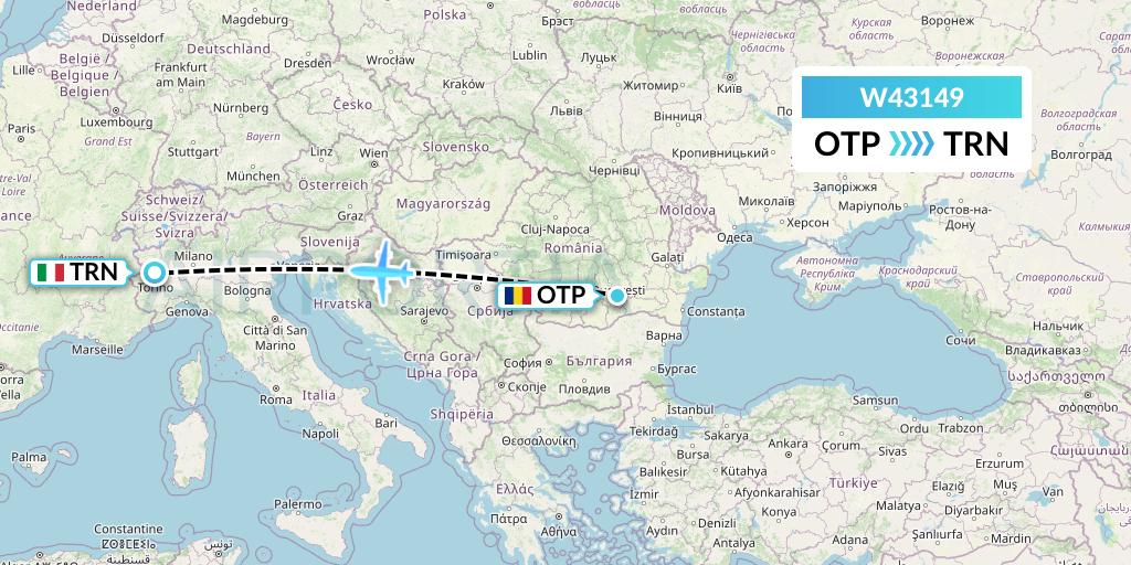 W43149 Wizz Air Malta Flight Map: Bucharest to Turin