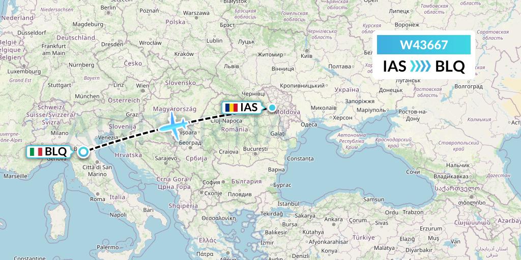 W43667 Wizz Air Malta Flight Map: Iasi to Bologna