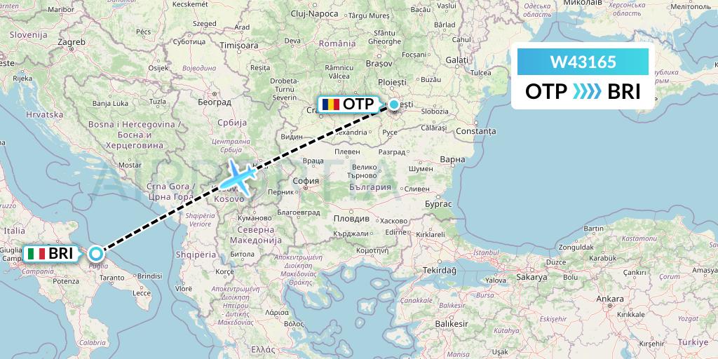 W43165 Wizz Air Malta Flight Map: Bucharest to Bari