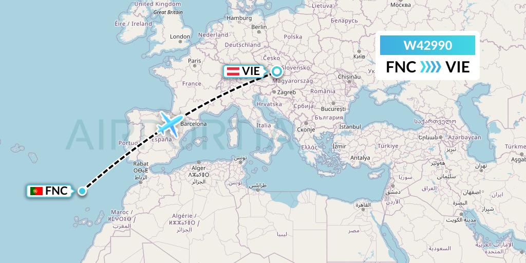 W42990 Wizz Air Malta Flight Map: Funchal to Vienna