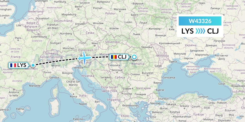W43326 Wizz Air Malta Flight Map: Lyon to Cluj-Napoca