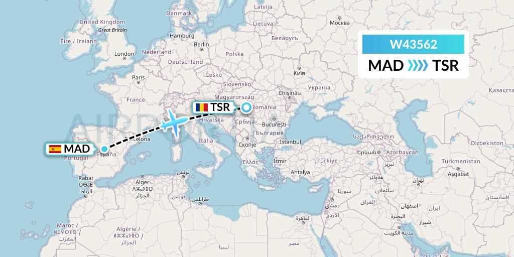 W43562 Wizz Air Malta Flight Map: Madrid to Timisoara