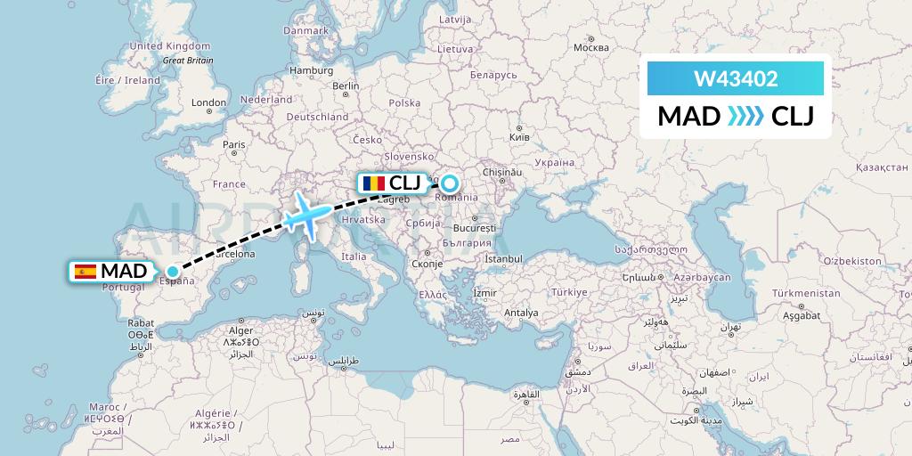 W43402 Wizz Air Malta Flight Map: Madrid to Cluj-Napoca