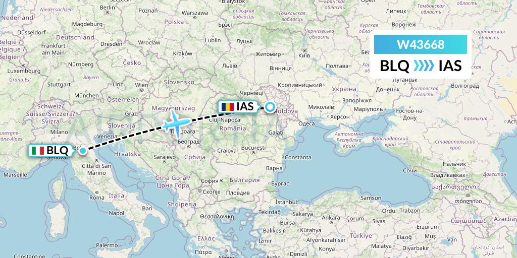 W43668 Wizz Air Malta Flight Map: Bologna to Iasi