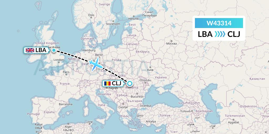W43314 Wizz Air Malta Flight Map: Leeds to Cluj-Napoca