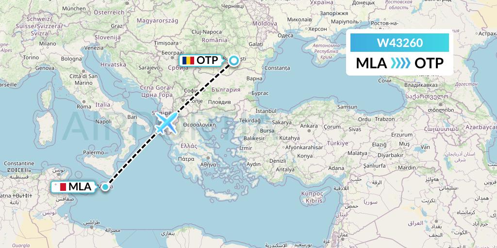 W43260 Wizz Air Malta Flight Map: Malta to Bucharest