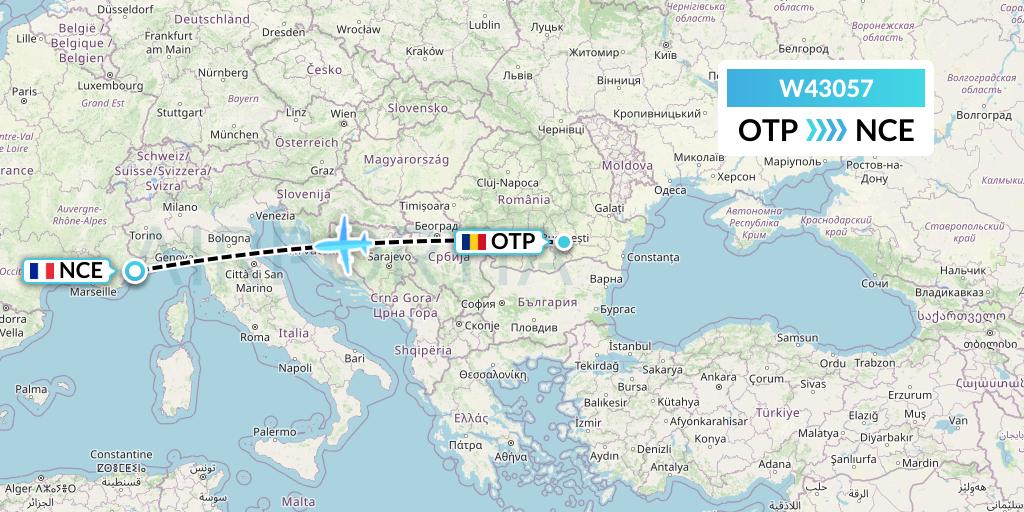 W43057 Wizz Air Malta Flight Map: Bucharest to Nice