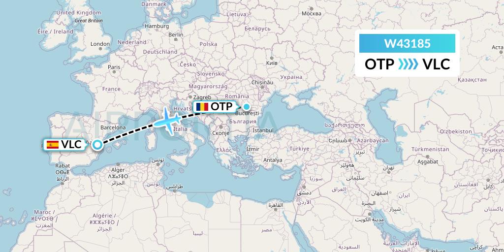 W43185 Wizz Air Malta Flight Map: Bucharest to Valencia