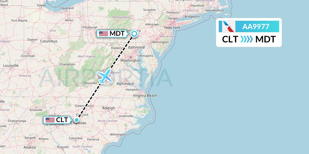 AA9977 American Airlines Flight Map: Charlotte to Harrisburg