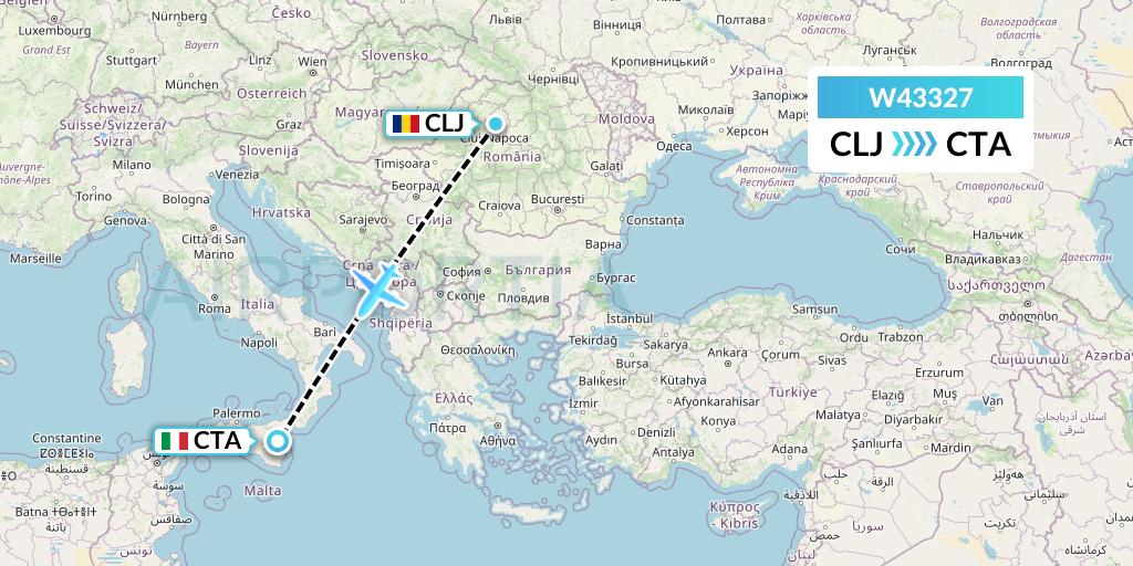 W43327 Wizz Air Malta Flight Map: Cluj-Napoca to Catania