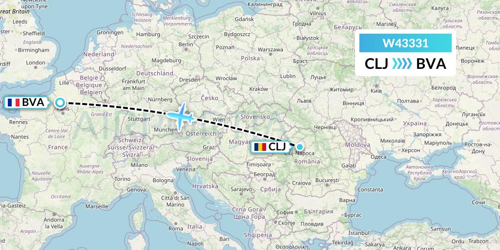 W43331 Wizz Air Malta Flight Map: Cluj-Napoca to Paris