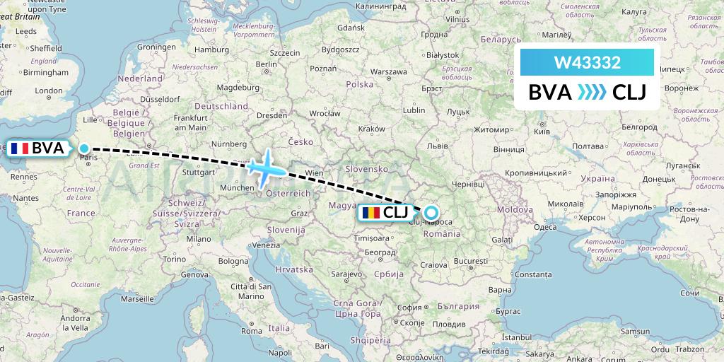 W43332 Wizz Air Malta Flight Map: Paris to Cluj-Napoca