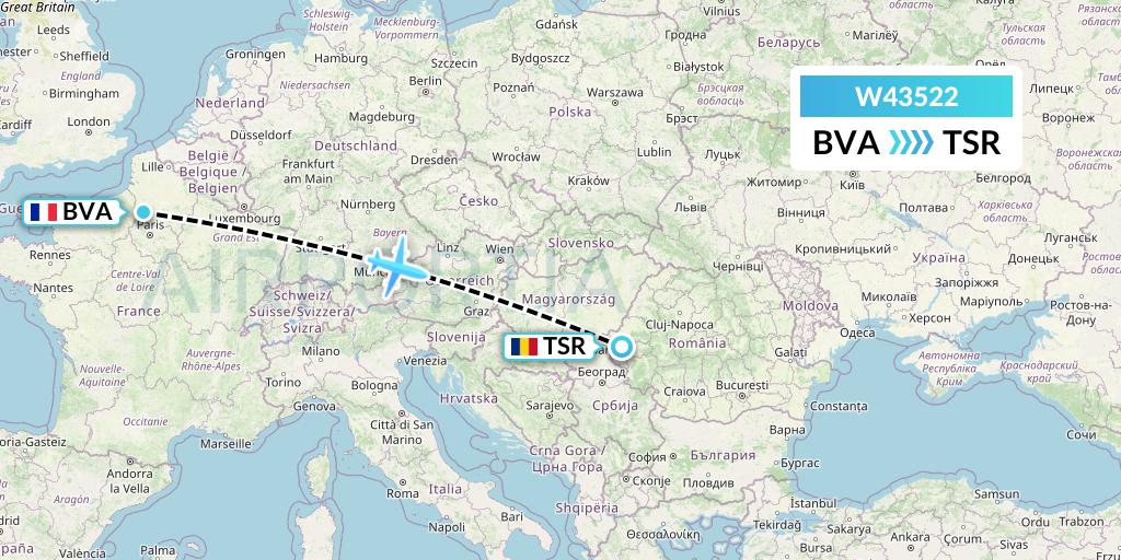 W43522 Wizz Air Malta Flight Map: Paris to Timisoara