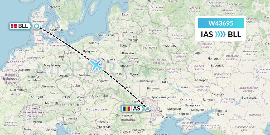 W43695 Wizz Air Malta Flight Map: Iasi to Billund