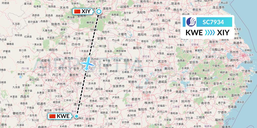 SC7934 Shandong Airlines Flight Map: Guiyang to Xi'an
