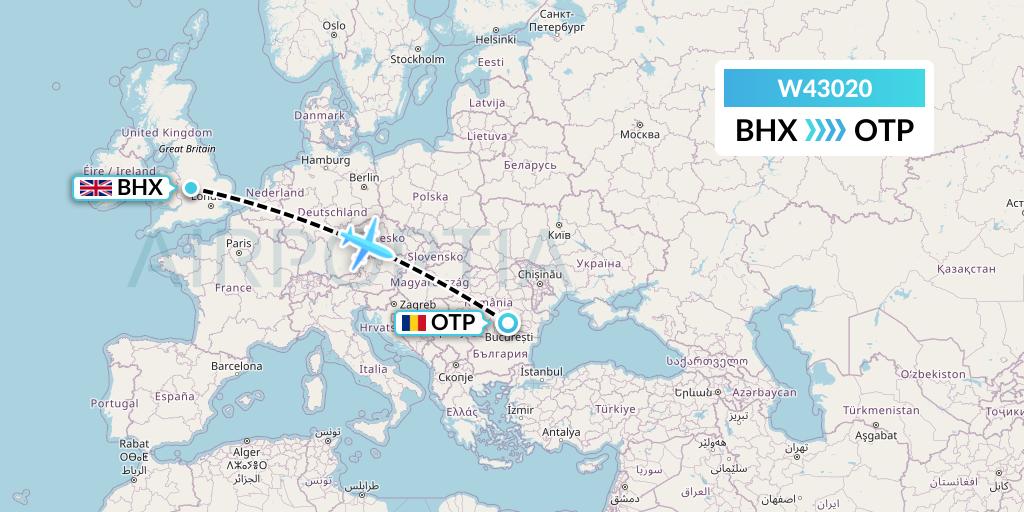 W43020 Wizz Air Malta Flight Map: Birmingham to Bucharest