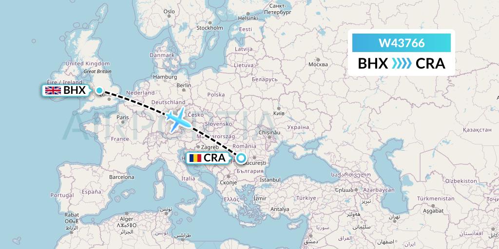 W43766 Wizz Air Malta Flight Map: Birmingham to Craiova