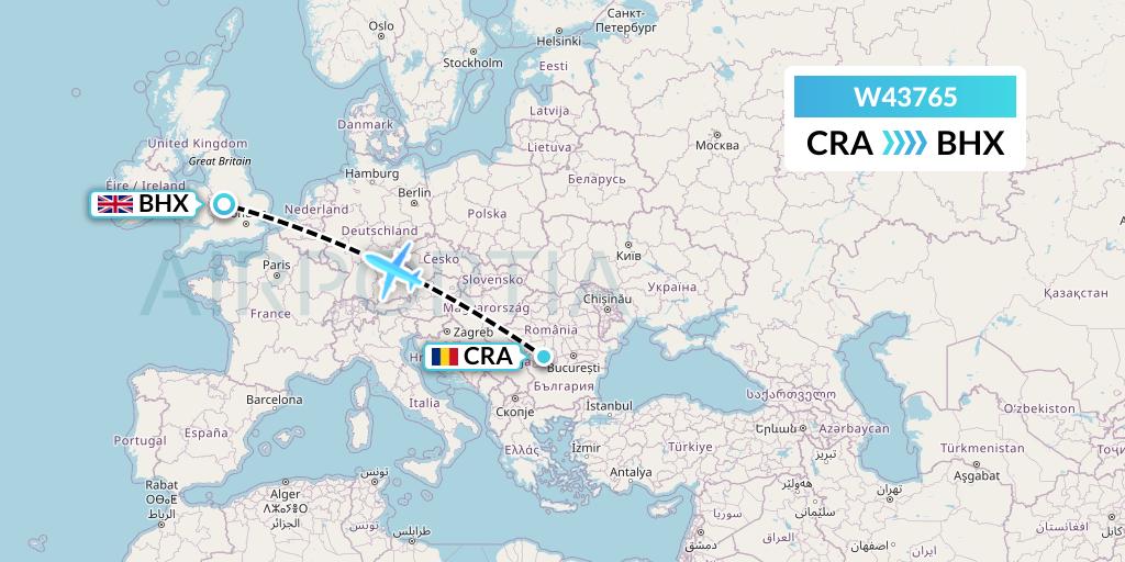 W43765 Wizz Air Malta Flight Map: Craiova to Birmingham