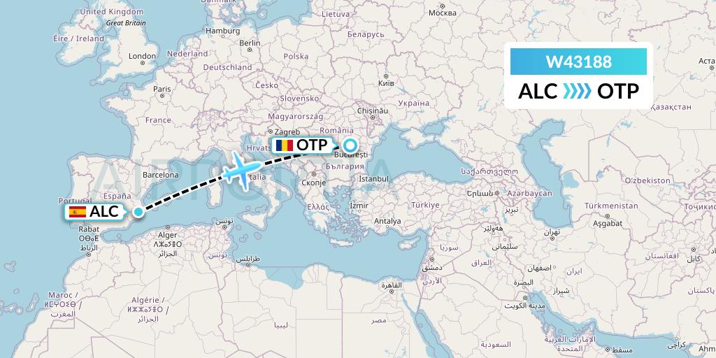 W43188 Wizz Air Malta Flight Map: Alicante to Bucharest