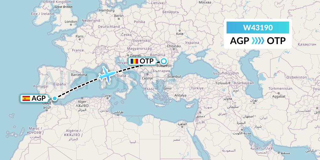 W43190 Wizz Air Malta Flight Map: Malaga to Bucharest