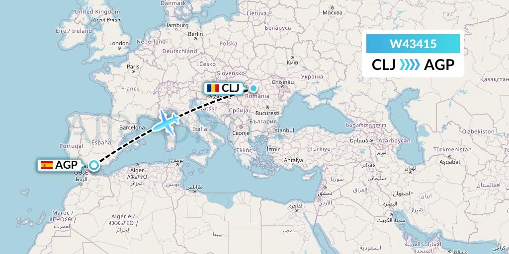 W43415 Wizz Air Malta Flight Map: Cluj-Napoca to Malaga
