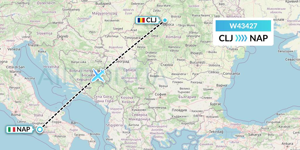 W43427 Wizz Air Malta Flight Map: Cluj-Napoca to Naples