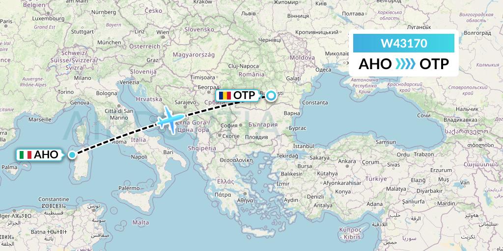 W43170 Wizz Air Malta Flight Map: Alghero to Bucharest