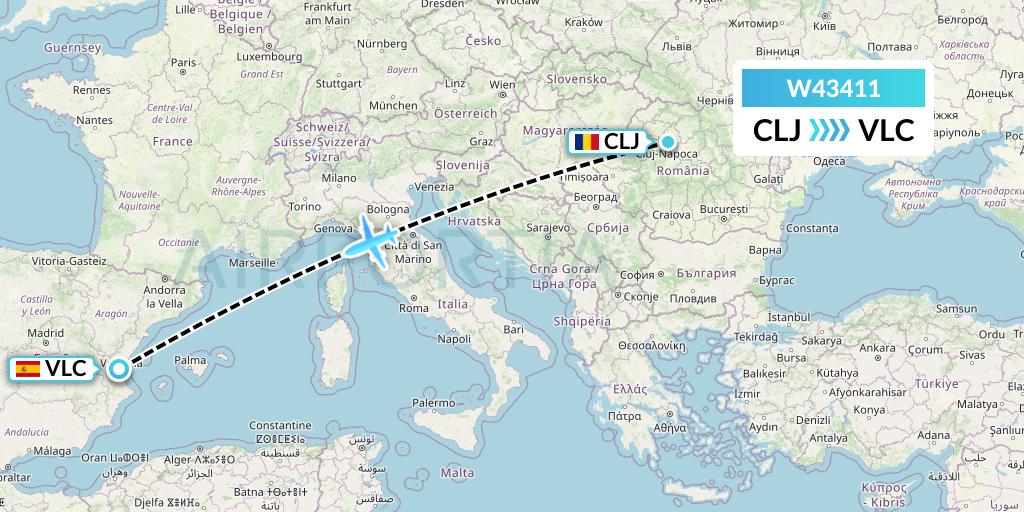 W43411 Wizz Air Malta Flight Map: Cluj-Napoca to Valencia