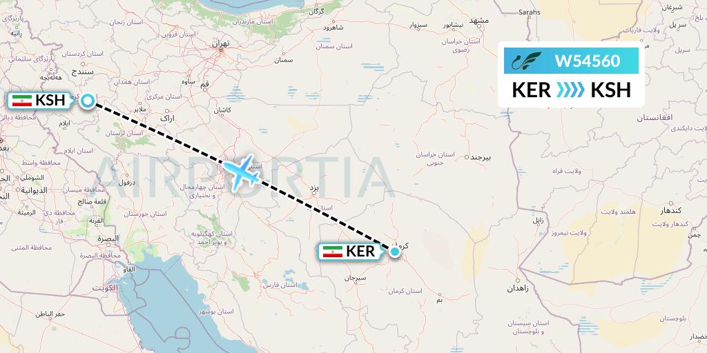 W54560 Mahan Air Flight Map: Kerman to Kermanshah