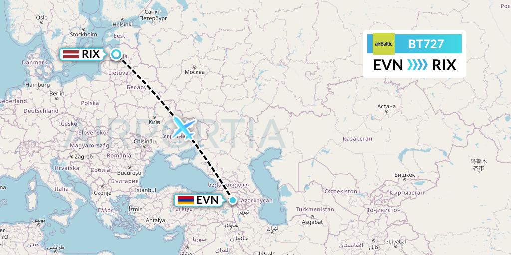 BT727 Air Baltic Flight Map: Yerevan to Riga