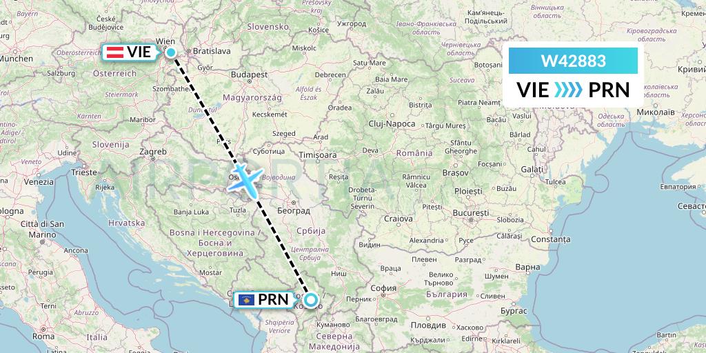 W42883 Wizz Air Malta Flight Map: Vienna to Pristina