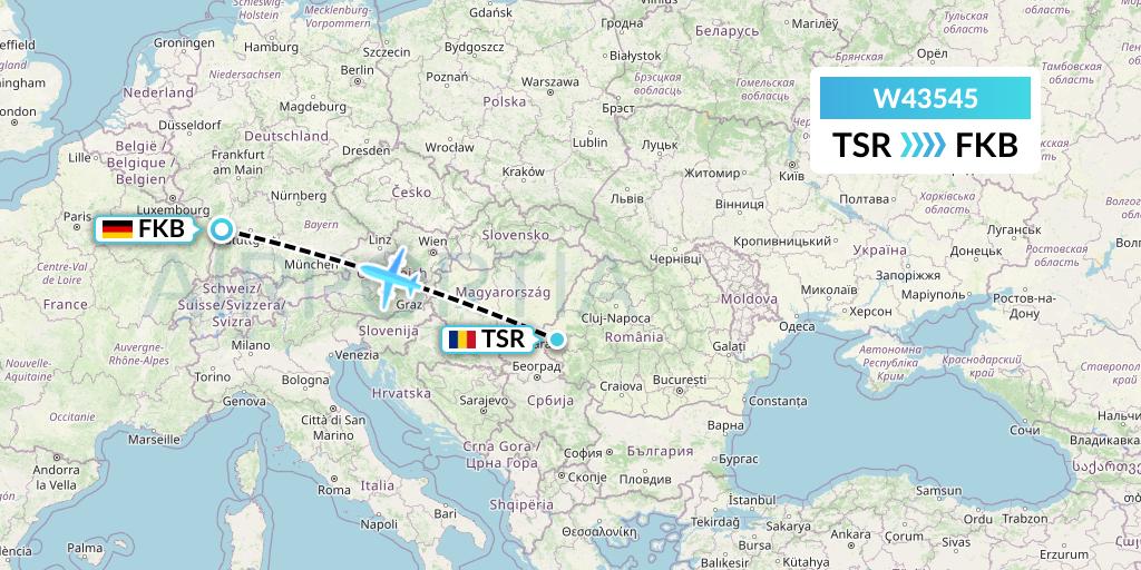 W43545 Wizz Air Malta Flight Map: Timisoara to Karlsruhe/Baden-Baden