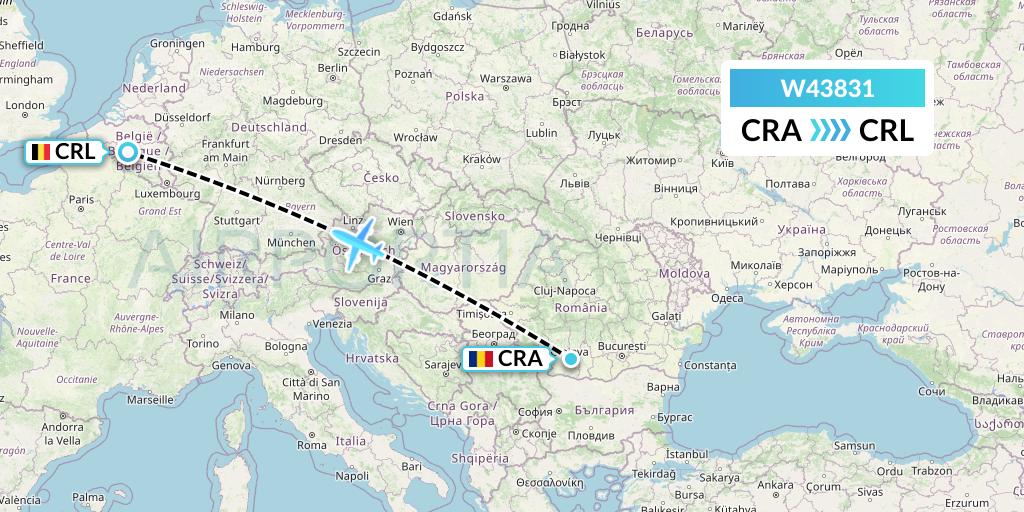W43831 Wizz Air Malta Flight Map: Craiova to Brussels