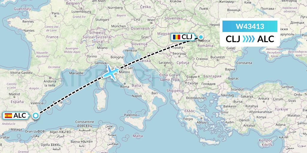 W43413 Wizz Air Malta Flight Map: Cluj-Napoca to Alicante