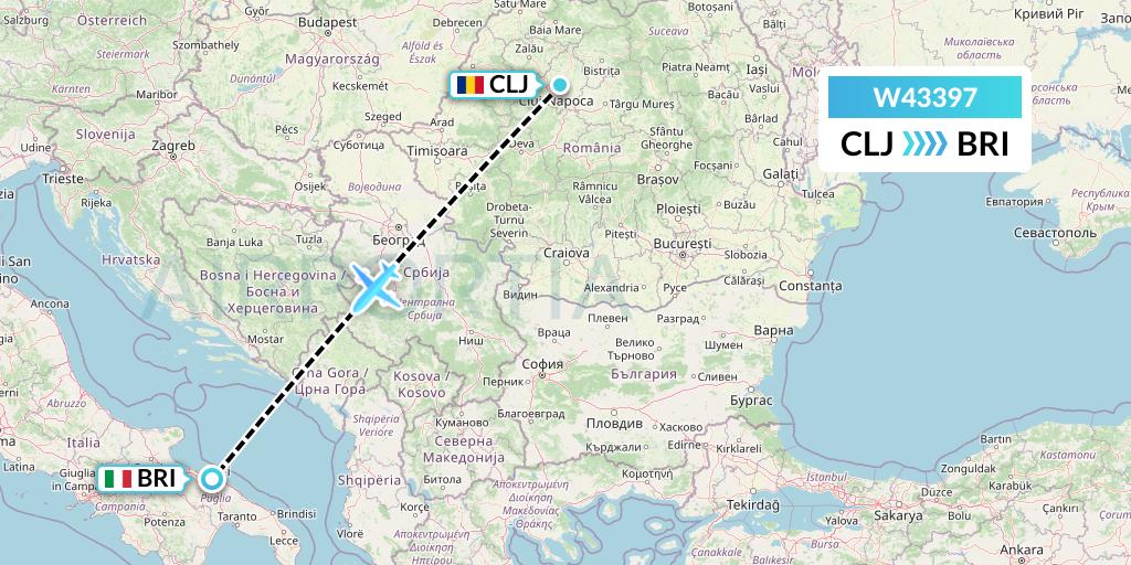 W43397 Wizz Air Malta Flight Map: Cluj-Napoca to Bari