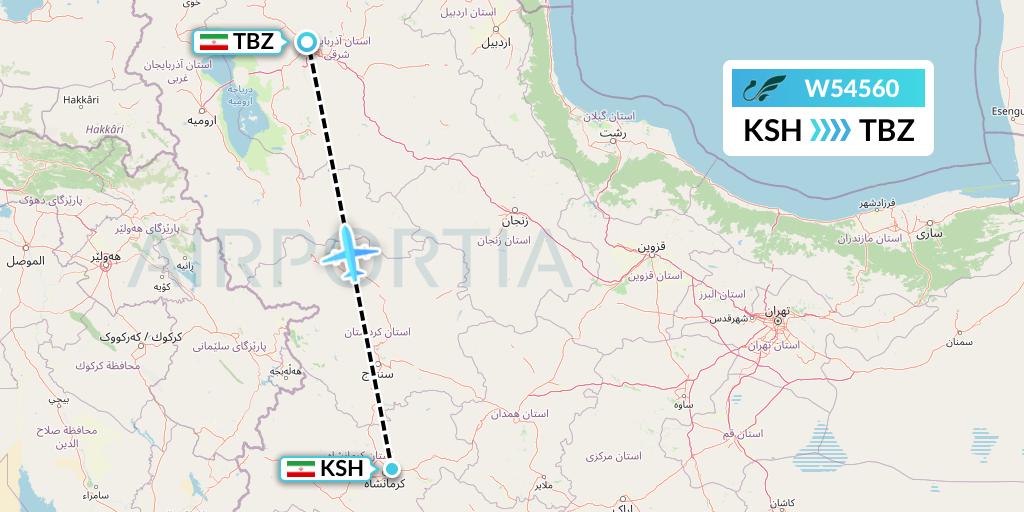W54560 Mahan Air Flight Map: Kermanshah to Tabriz