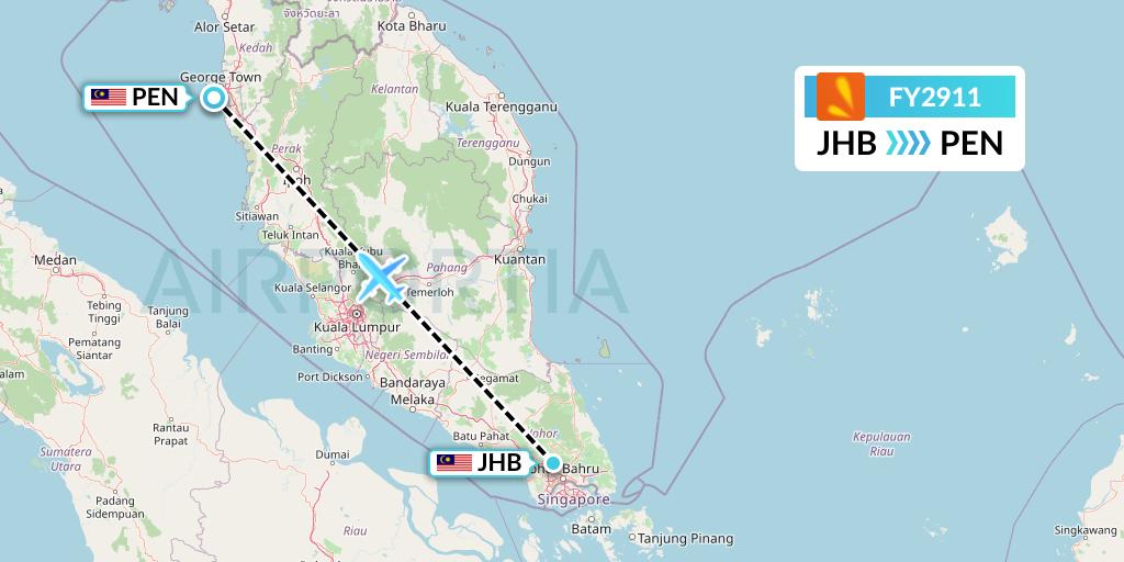FY2911 Firefly Flight Map: Johor Bahru to Penang