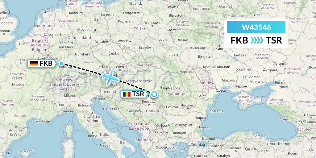 W43546 Wizz Air Malta Flight Map: Karlsruhe/Baden-Baden to Timisoara