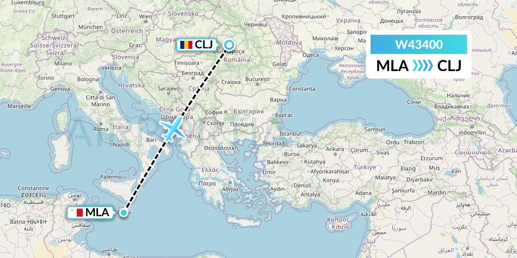 W43400 Wizz Air Malta Flight Map: Malta to Cluj-Napoca