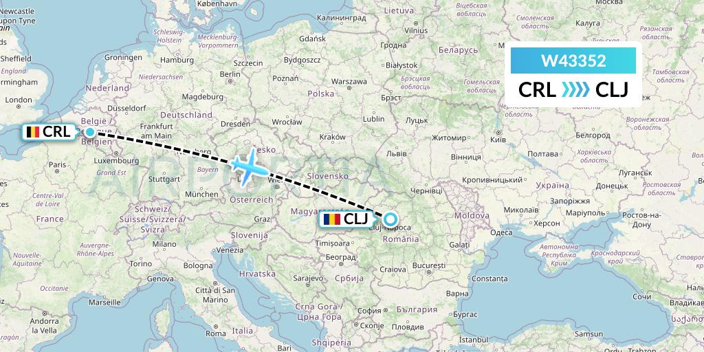 W43352 Wizz Air Malta Flight Map: Brussels to Cluj-Napoca