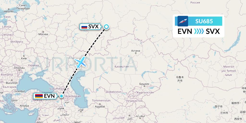 SU685 Aeroflot Flight Map: Yerevan to Yekaterinburg